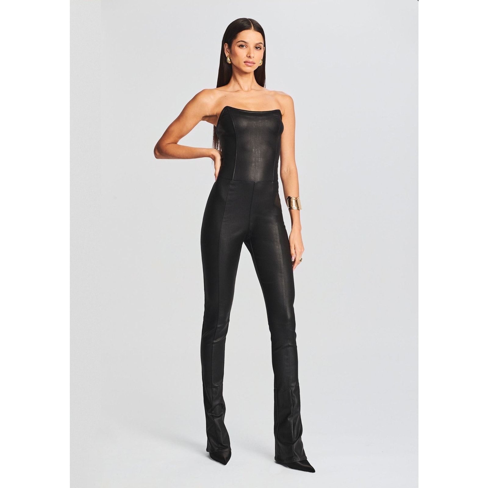 Retrote Brinley Faux Leather Jumpsuit Womens Black Martini Zipper New York S